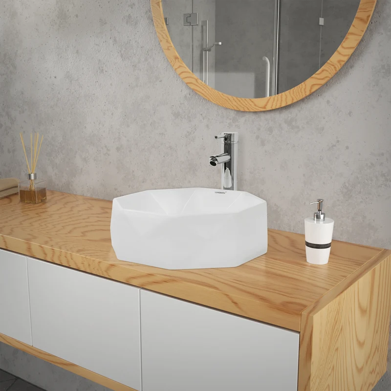 Waschbecken inkl. Ablaufgarnitur Silber ohne Überlauf Ø 42x13,5 cm Weiß aus Keramik LuxeBath