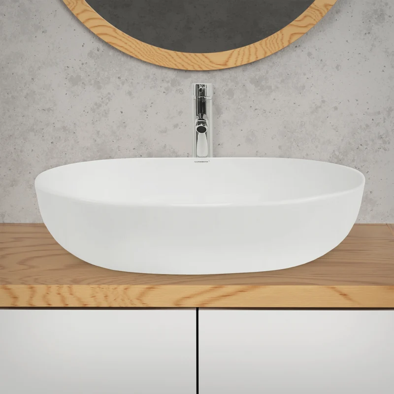 Waschbecken inkl. Ablaufgarnitur Silber ohne Überlauf 60x42x14,5 cm Weiß aus Keramik LuxeBath
