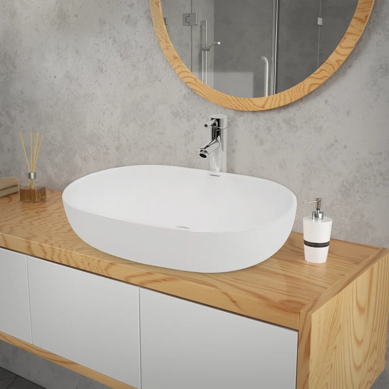 Waschbecken inkl. Ablaufgarnitur Silber ohne Überlauf 60x42x14,5 cm Weiß aus Keramik LuxeBath