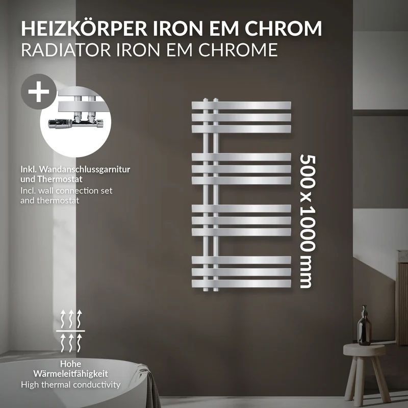 Badheizkörper Mittelanschluss 500x1000 mm Chrome mit Wand Anschlussgarnitur LuxeBath