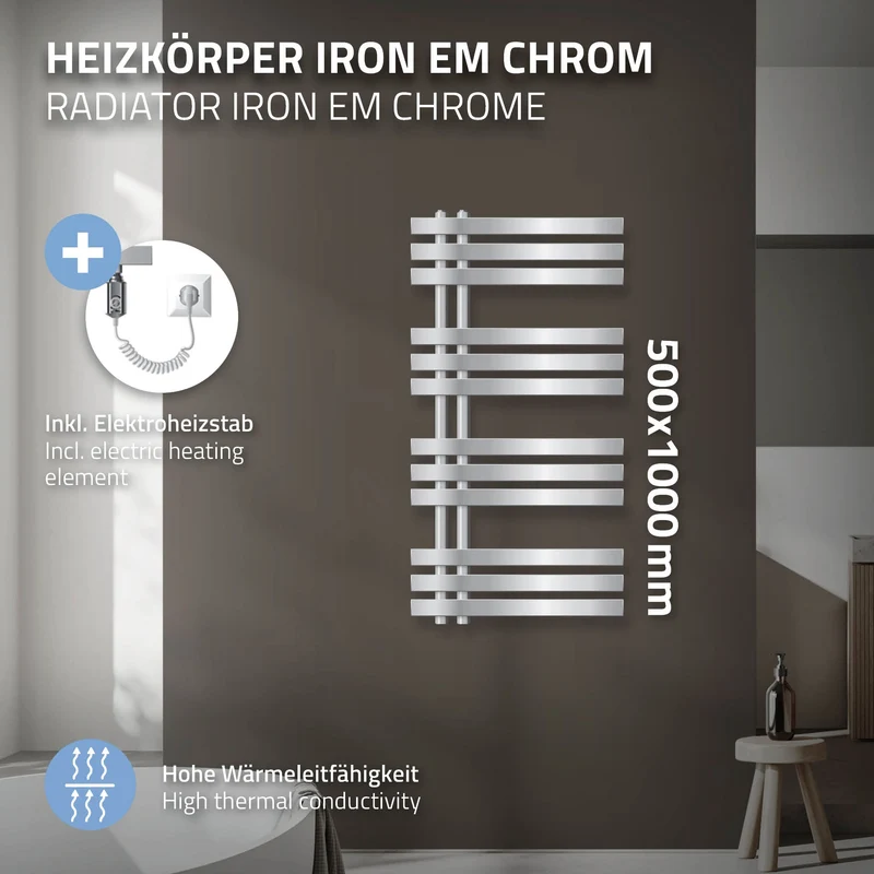 Badheizkörper Elektrisch mit Heizstab 300W 500x1000 mm Chrome
