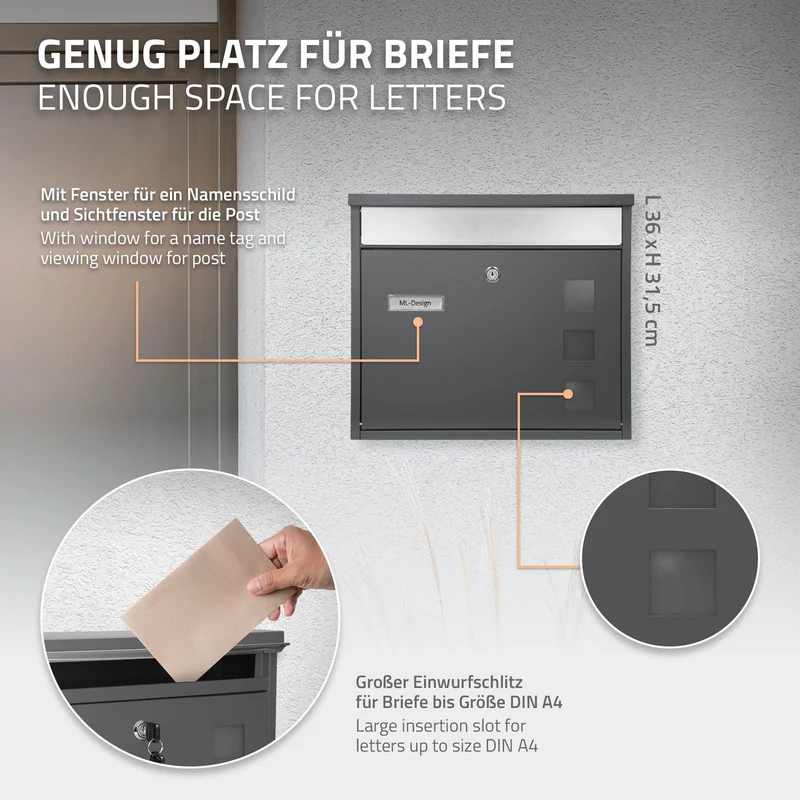 Standbriefkasten 36x31,5x11,5 cm Anthrazit aus Edelstahl ML-Design