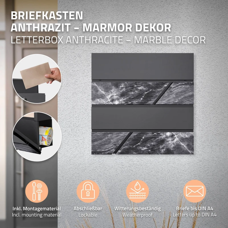 Standbriefkasten mit Zeitungsfach 37x37x11 cm Anthrazit/Schwarz-Marmoroptik aus Stahl ML-Design, Modernes Horizontales Design, Standhöhe 170 cm Anthrazit