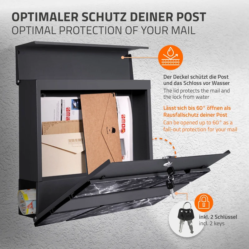 Standbriefkasten mit Zeitungsfach 37x37x11 cm Anthrazit/Schwarz-Marmoroptik aus Stahl ML-Design, Modernes Horizontales Design, Standhöhe 170 cm Anthrazit