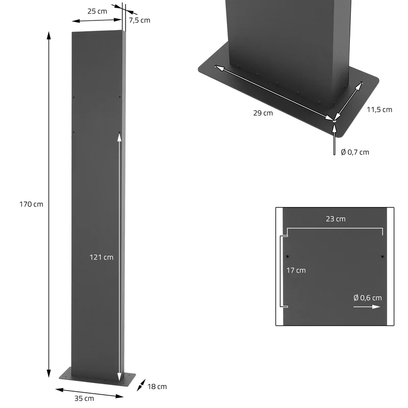 Standbriefkasten mit Zeitungsfach 37x36,5x11 cm Anthrazit/Schwarz-Marmoroptik aus Stahl ML-Design, Modernes Diagonales Design, Standhöhe 120/170 cm Anthrazit
