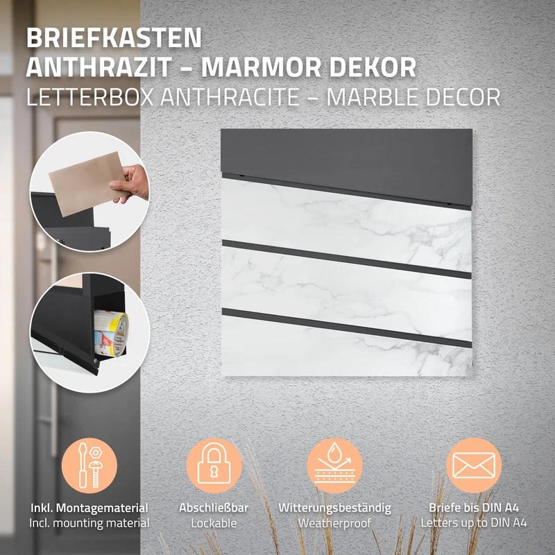 Standbriefkasten mit Zeitungsfach 37x37x11 cm Anthrazit/Weiß-Marmoroptik aus Stahl ML-Design, Modernes Diagonales Design, Standhöhe 120/170 cm Anthrazit
