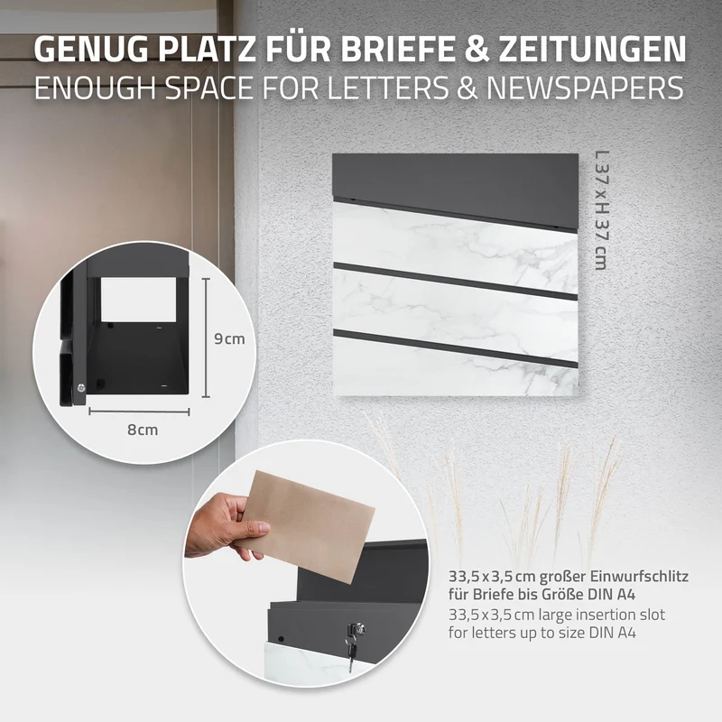 Standbriefkasten mit Zeitungsfach 37x37x11 cm Anthrazit/Weiß-Marmoroptik aus Stahl ML-Design, Modernes Diagonales Design, Standhöhe 120/170 cm Anthrazit