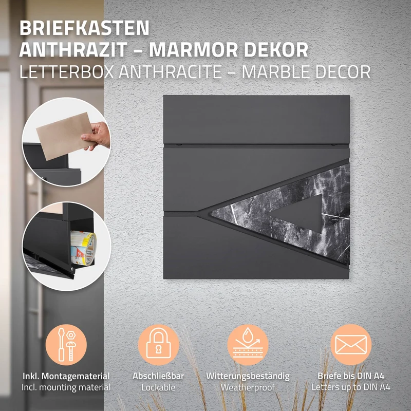 Standbriefkasten mit Zeitungsfach 37x36,5x11 cm Anthrazit/Schwarz-Marmoroptik aus Stahl ML-Design, Modernes Dreieckiges Design, Standhöhe 120/170 cm Anthrazit