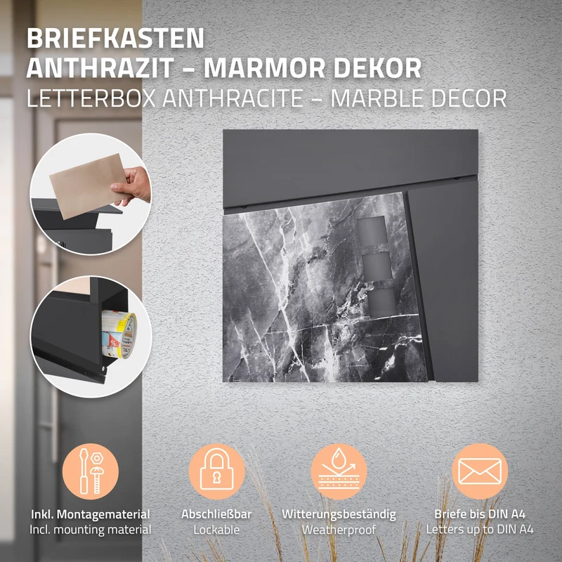 Standbriefkasten mit Zeitungsfach 37x36,5x11 cm Anthrazit/Schwarz-Marmoroptik aus Stahl ML-Design, Modernes Asymetrisches Design, Standhöhe 120/170 cm Anthrazit