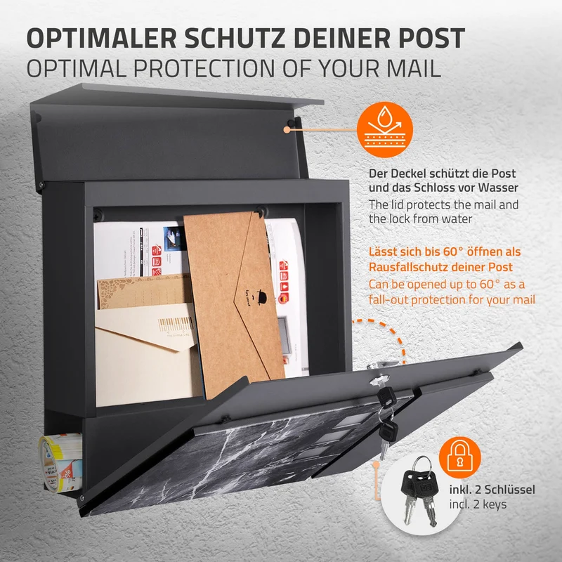 Standbriefkasten mit Zeitungsfach 37x36,5x11 cm Anthrazit/Schwarz-Marmoroptik aus Stahl ML-Design, Modernes Asymetrisches Design, Standhöhe 120/170 cm Anthrazit