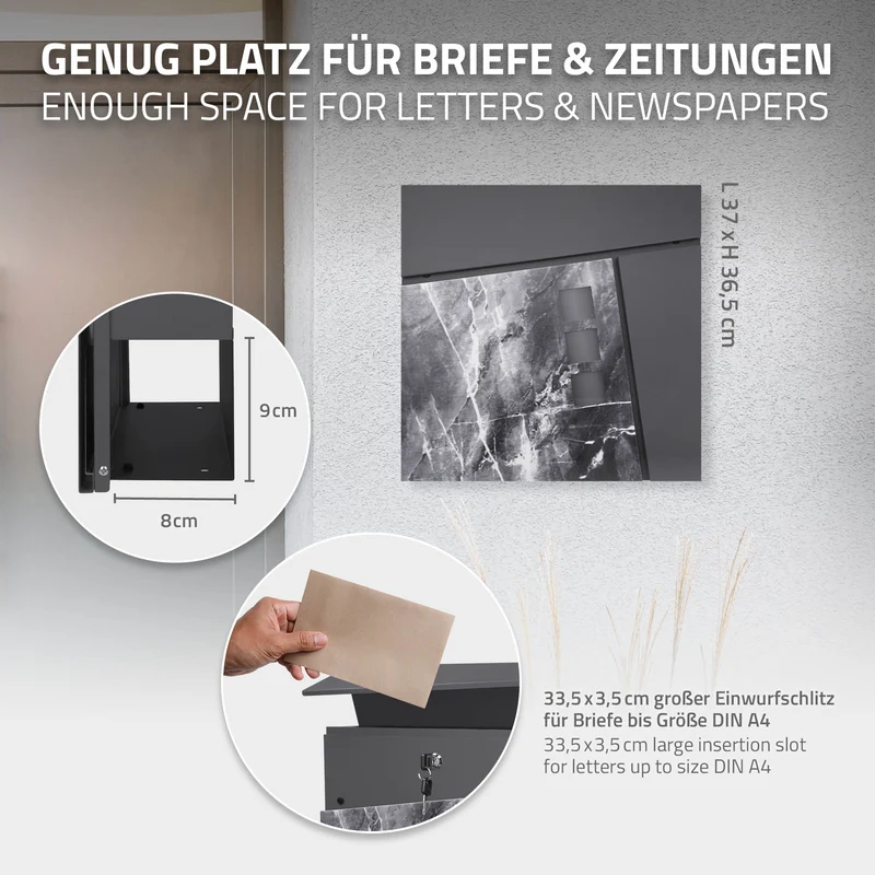 Standbriefkasten mit Zeitungsfach 37x36,5x11 cm Anthrazit/Schwarz-Marmoroptik aus Stahl ML-Design, Modernes Asymetrisches Design, Standhöhe 120/170 cm Anthrazit