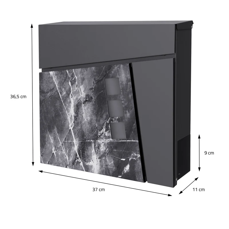 Standbriefkasten mit Zeitungsfach 37x36,5x11 cm Anthrazit/Schwarz-Marmoroptik aus Stahl ML-Design, Modernes Asymetrisches Design, Standhöhe 120/170 cm Anthrazit