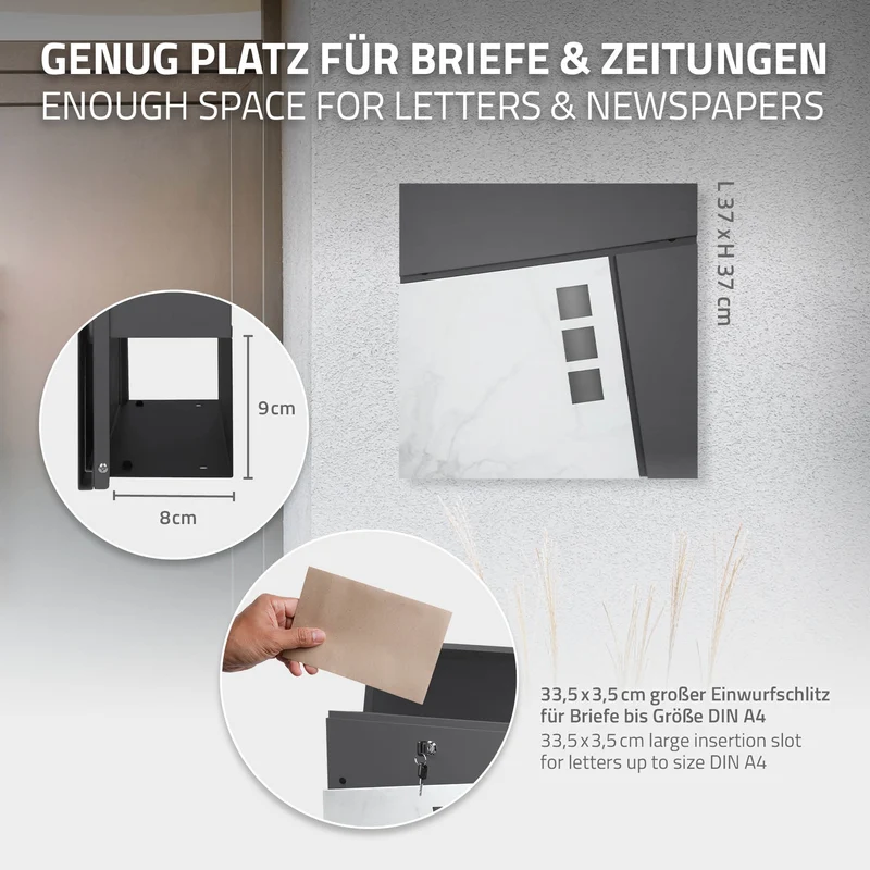 Standbriefkasten mit Zeitungsfach 37x36,5x11 cm Anthrazit/Weiß-Marmoroptik aus Stahl ML-Design, Modernes Asymetrisches Design, Standhöhe 120/170 cm Anthrazit