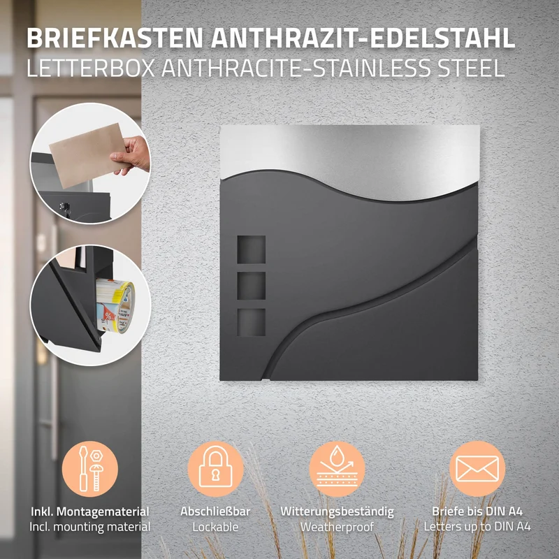 Standbriefkasten mit Zeitungsfach 37 cm Anthrazit/Silber inkl. Ständer 170 cm hoch Anthrazit Briefkasten freistehend