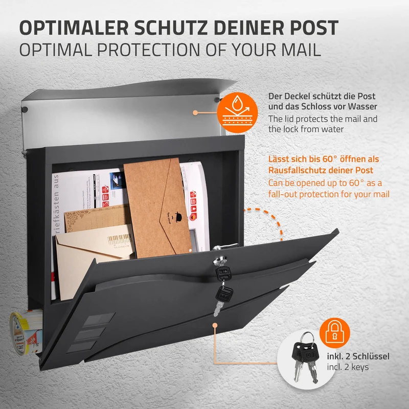 Standbriefkasten mit Zeitungsfach 37 cm Anthrazit/Silber inkl. Ständer 170 cm hoch Anthrazit Briefkasten freistehend