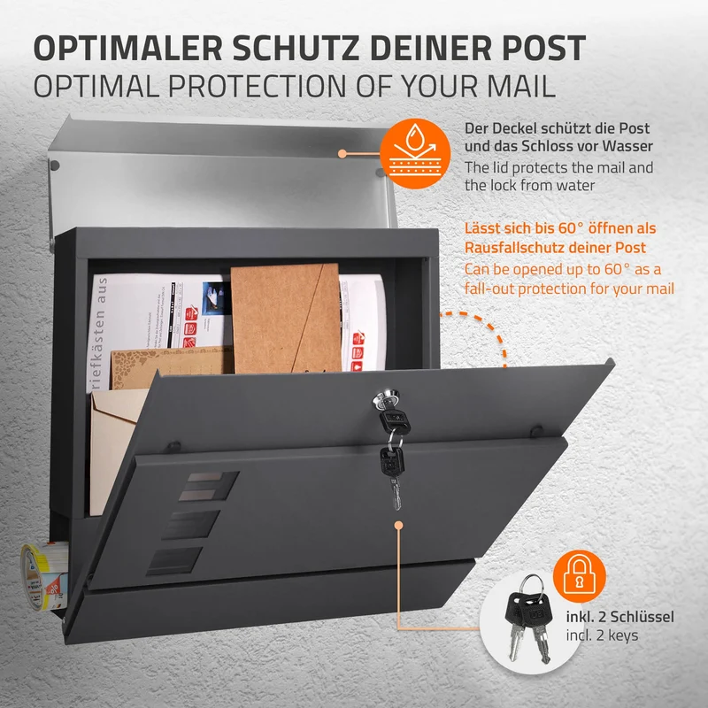 Standbriefkasten mit Zeitungsfach 37 cm Anthrazit inkl. Ständer 170 cm hoch Anthrazit Briefkasten freistehend