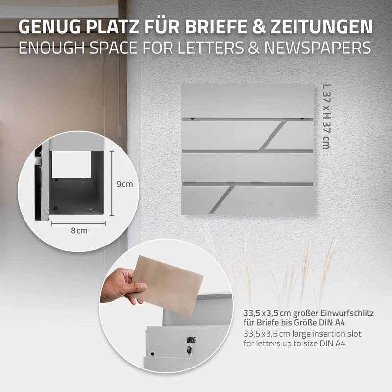 Standbriefkasten mit Zeitungsfach 37x11x37 cm Hellgrau aus Edelstahl ML-Design