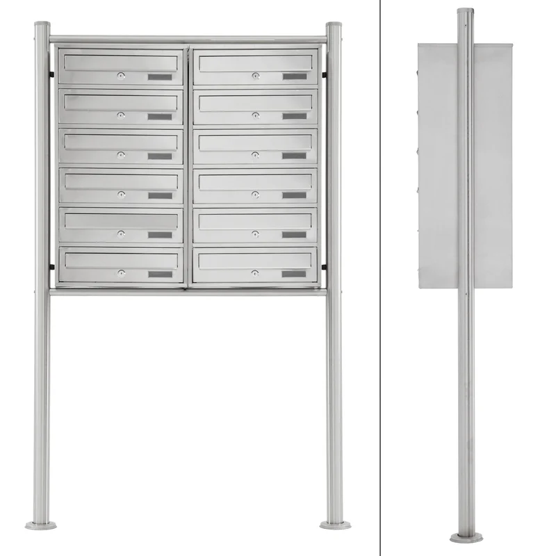 Briefkastenanlage mit Standfuß 12 Fach Silber 89x150x27 cm aus Edelstahl