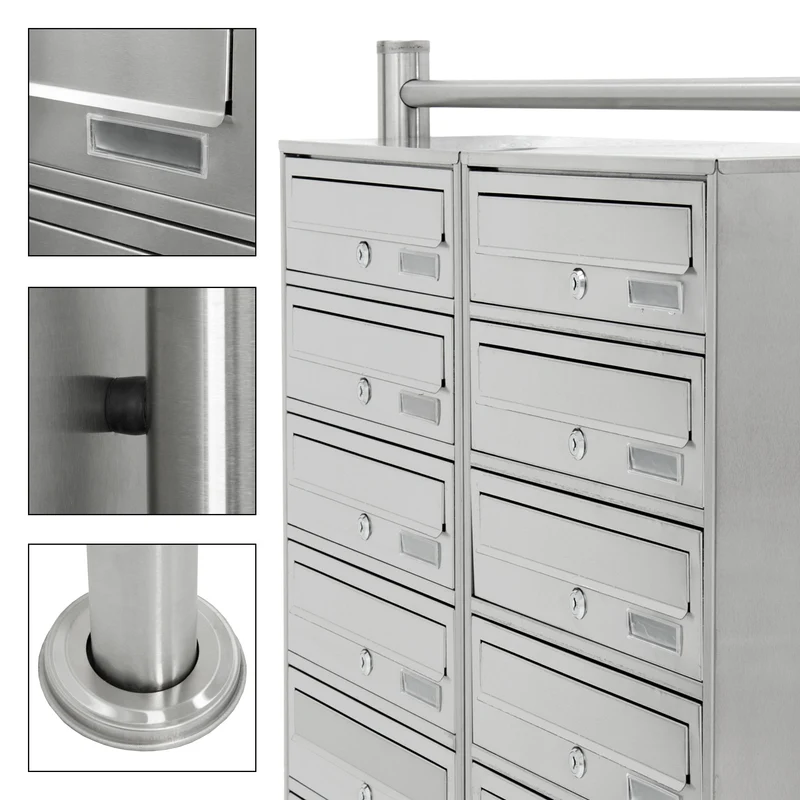 Briefkastenanlage mit Standfuß 12 Fach Silber 89x150x27 cm aus Edelstahl