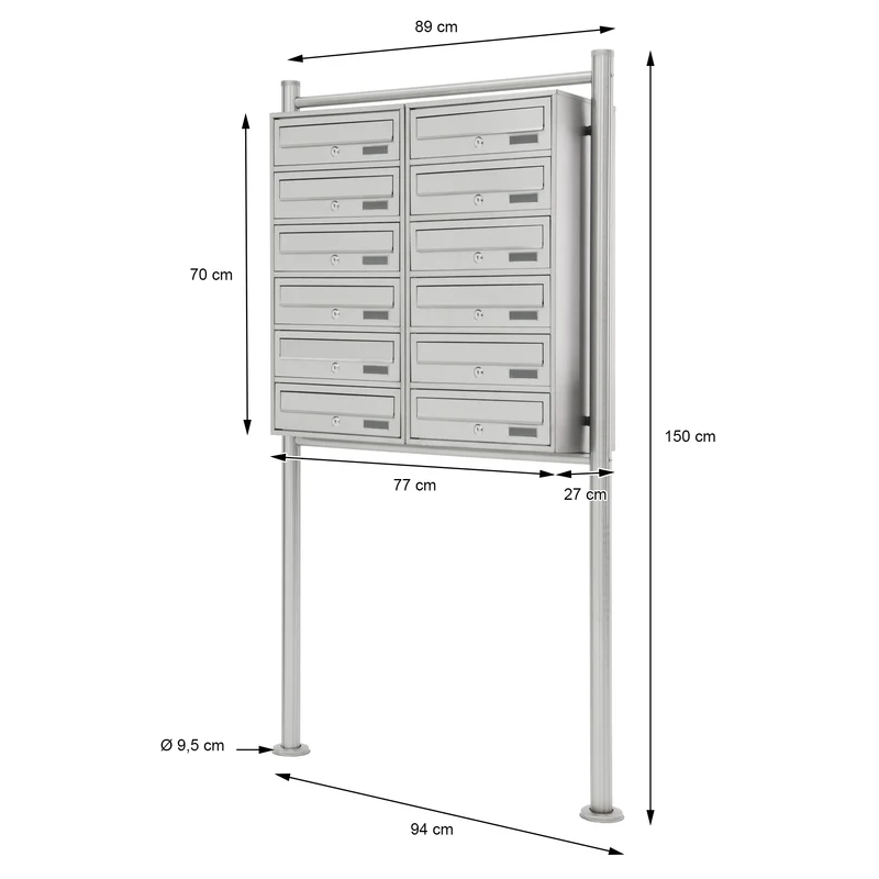 Briefkastenanlage mit Standfuß 12 Fach Silber 89x150x27 cm aus Edelstahl