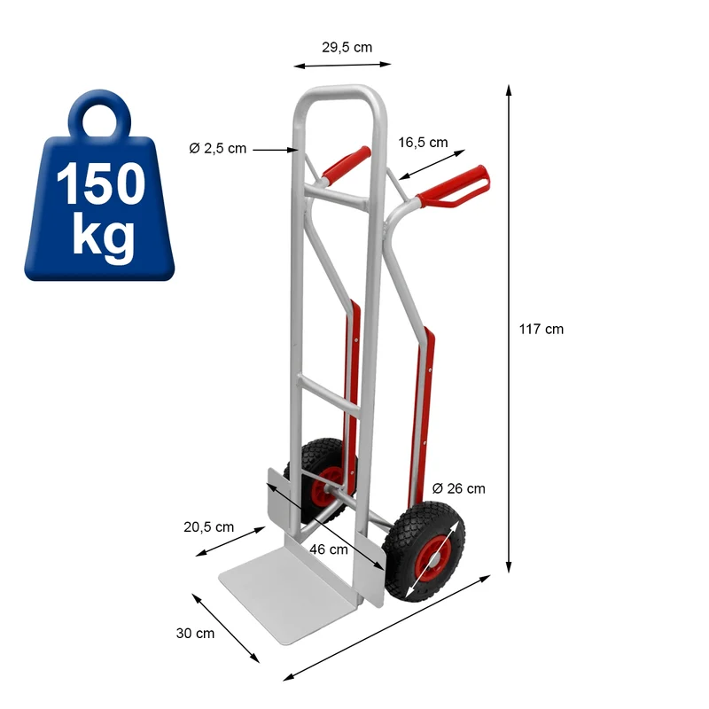 Sackkarre mit Treppenrutsche, belastbar bis 150 kg, aus Aluminium, PU Kunststoff Griff, 3.00-4" Gummi-Luft-Rädern