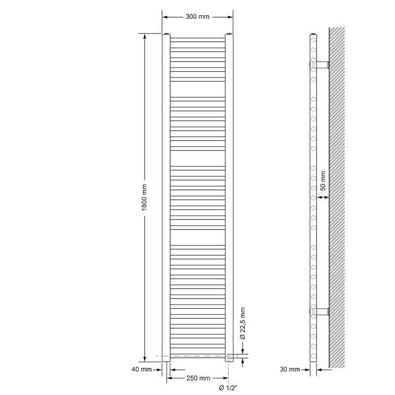 Elektrischer Badheizkörper mit Heizstab 900W 300x1800 mm Chrom gerade mit Seitenanschluss