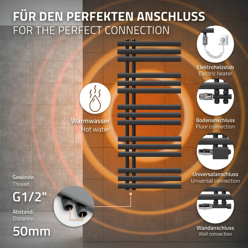 Elektrischer Badheizkörper mit Heizstab 1200W 500x1200 mm Anthrazit