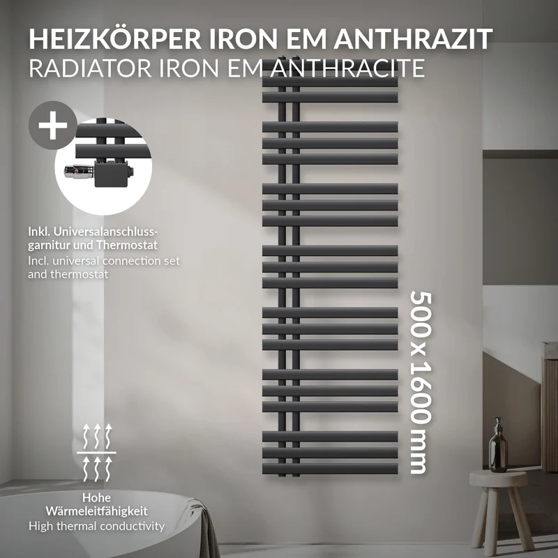 Badheizkörper Mittelanschluss 500x1600 mm Anthrazit mit Universal Anschlussgarnitur LuxeBath