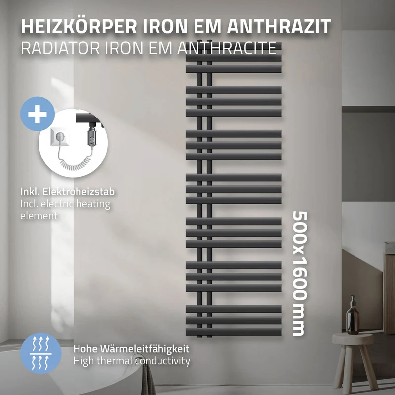 Badheizkörper Iron EM mit Heizstab 1200W 500x1600 mm Anthrazit