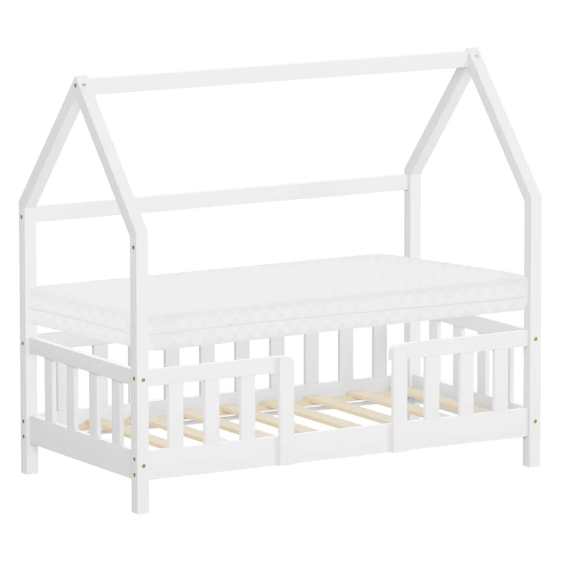 ML-Design | Kinderbett mit Dach, Rausfallschutz und Lattenrost, mit/ohne Matratze, aus Kiefernholz, Hausbett, Holzbett