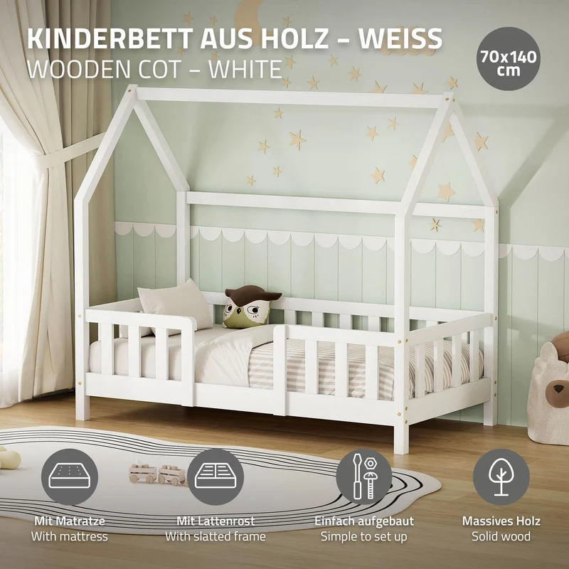 Kinderbett Hausbett 70x140 cm Weiß aus Kiefernholz inkl. Matratze H-10cm Rausfallschutz Dach und Lattenrost ML-Design