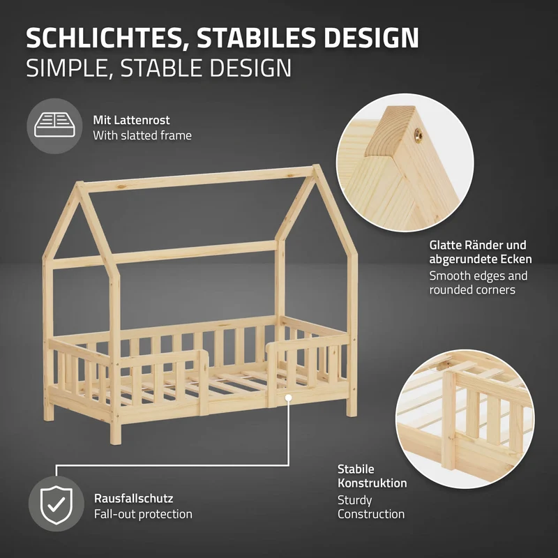 Kinderbett Hausbett 70x140 cm Natur aus Kiefernholz inkl. Matratze H-10cm Rausfallschutz Dach und Lattenrost ML-Design