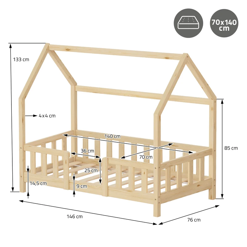 Kinderbett Hausbett 70x140 cm Natur aus Kiefernholz inkl. Matratze H-10cm Rausfallschutz Dach und Lattenrost ML-Design