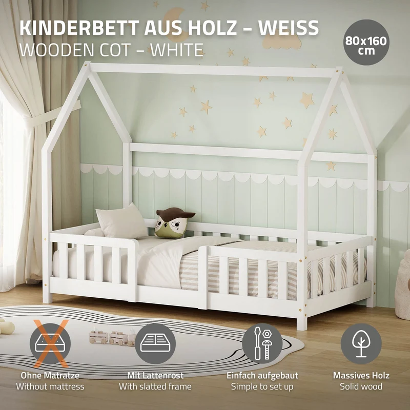 Kinderbett Hausbett 80x160 cm aus Kiefernholz Weiß mit Rausfallschutz Dach und Lattenrost Holzbett ML-Design