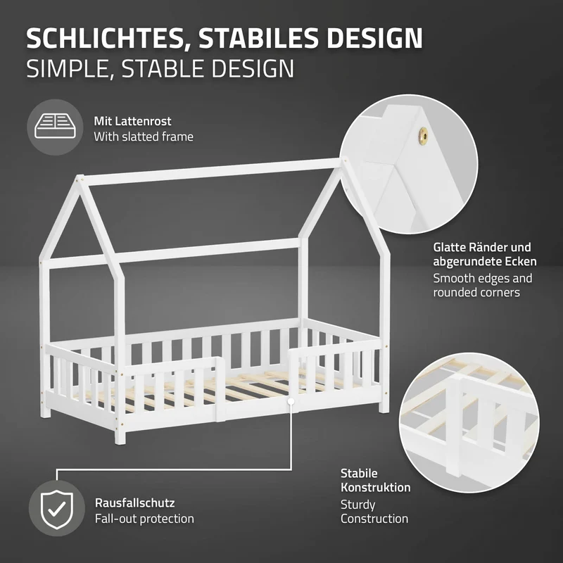 Kinderbett Hausbett 80x160 cm aus Kiefernholz Weiß mit Rausfallschutz Dach und Lattenrost Holzbett ML-Design