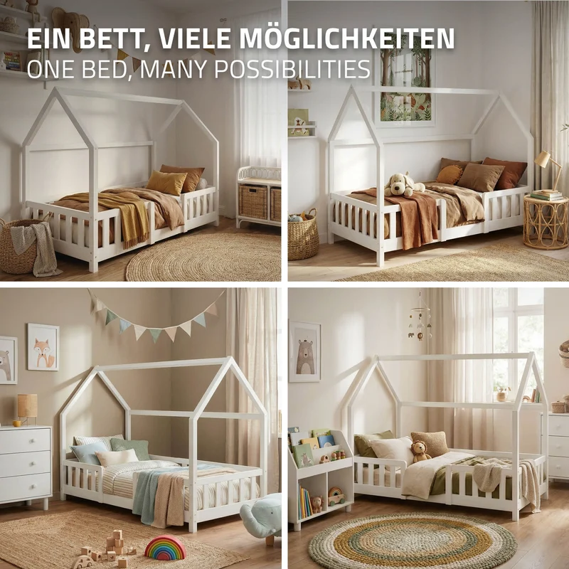 Kinderbett Hausbett 80x160 cm aus Kiefernholz Weiß mit Rausfallschutz Dach und Lattenrost Holzbett ML-Design