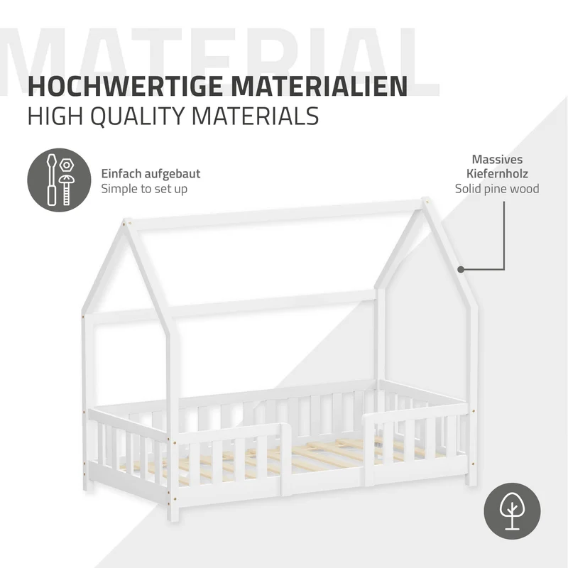 Kinderbett Hausbett 80x160 cm aus Kiefernholz Weiß mit Rausfallschutz Dach und Lattenrost Holzbett ML-Design
