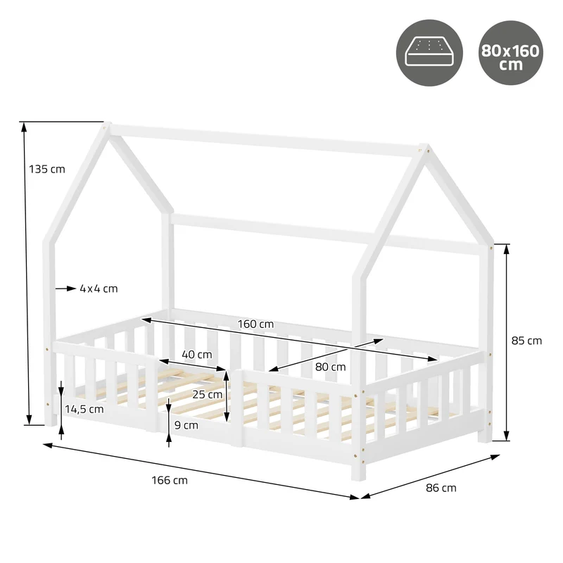 Kinderbett Hausbett 80x160 cm aus Kiefernholz Weiß mit Rausfallschutz Dach und Lattenrost Holzbett ML-Design