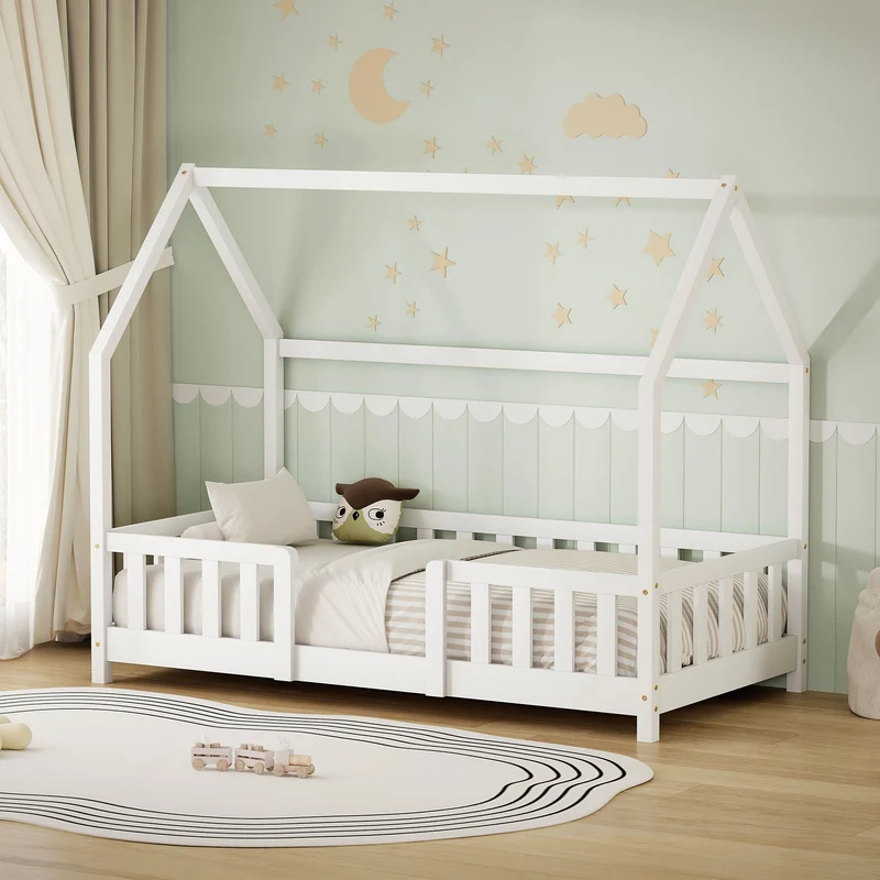 Kinderbett Hausbett 80x160 cm aus Kiefernholz Weiß mit Rausfallschutz Dach und Lattenrost Holzbett ML-Design