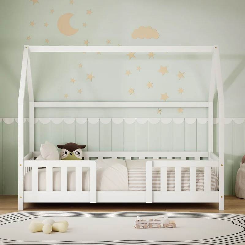 Kinderbett Hausbett 80x160 cm aus Kiefernholz Weiß mit Rausfallschutz Dach und Lattenrost Holzbett ML-Design
