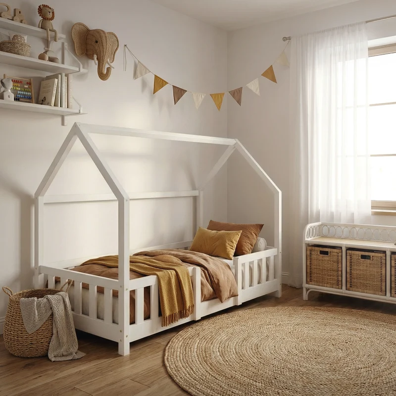 Kinderbett Hausbett 80x160 cm aus Kiefernholz Weiß mit Rausfallschutz Dach und Lattenrost Holzbett ML-Design