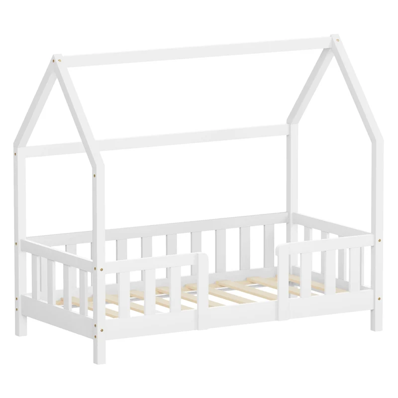 ML-Design | Kinderbett mit Dach, Rausfallschutz und Lattenrost, mit/ohne Matratze, aus Kiefernholz, Hausbett, Holzbett