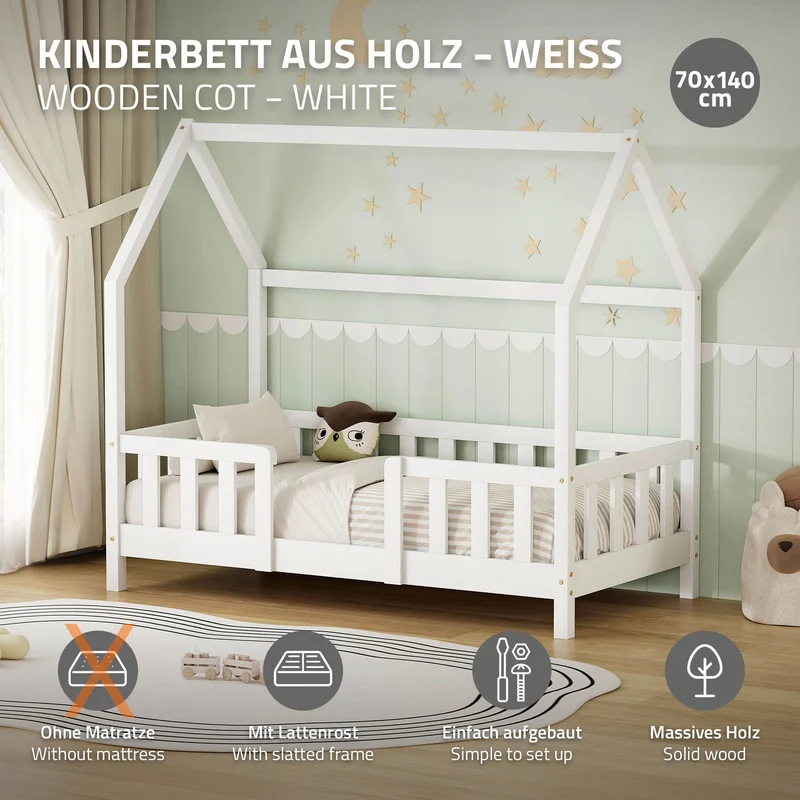 Kinderbett Hausbett 70x140 cm aus Kiefernholz Weiß mit Rausfallschutz Dach und Lattenrost Holzbett ML-Design