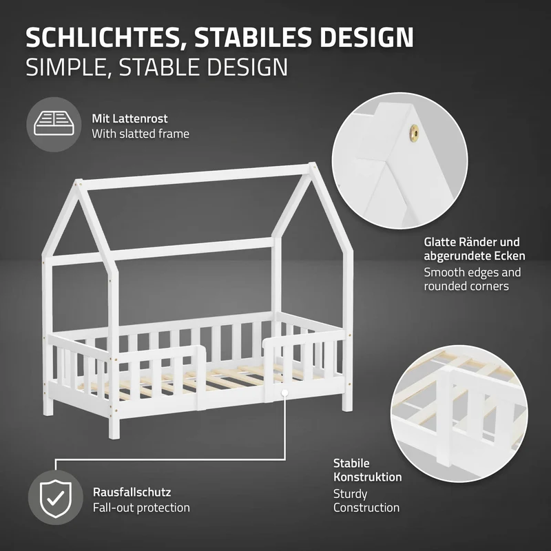 Kinderbett Hausbett 70x140 cm aus Kiefernholz Weiß mit Rausfallschutz Dach und Lattenrost Holzbett ML-Design