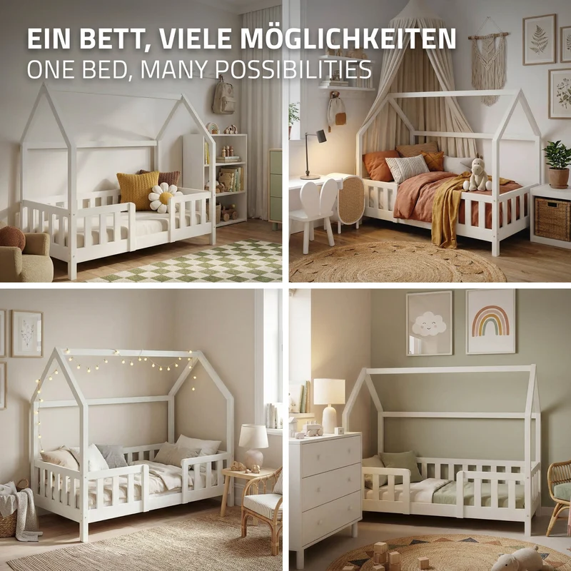 Kinderbett Hausbett 70x140 cm aus Kiefernholz Weiß mit Rausfallschutz Dach und Lattenrost Holzbett ML-Design