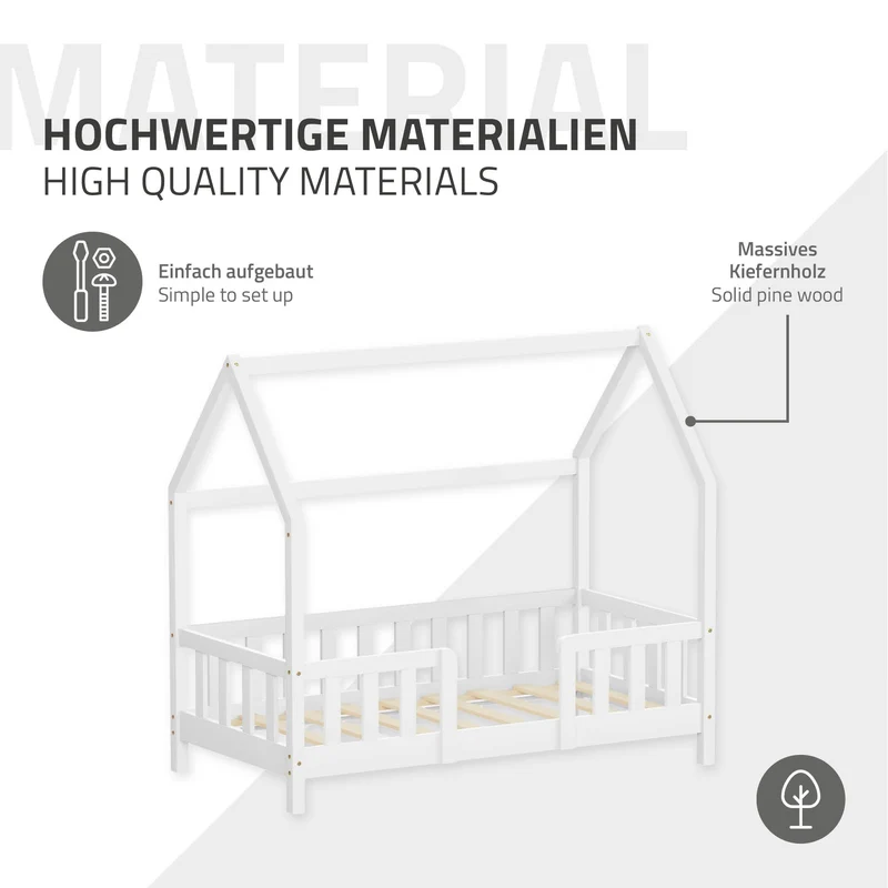 Kinderbett Hausbett 70x140 cm aus Kiefernholz Weiß mit Rausfallschutz Dach und Lattenrost Holzbett ML-Design