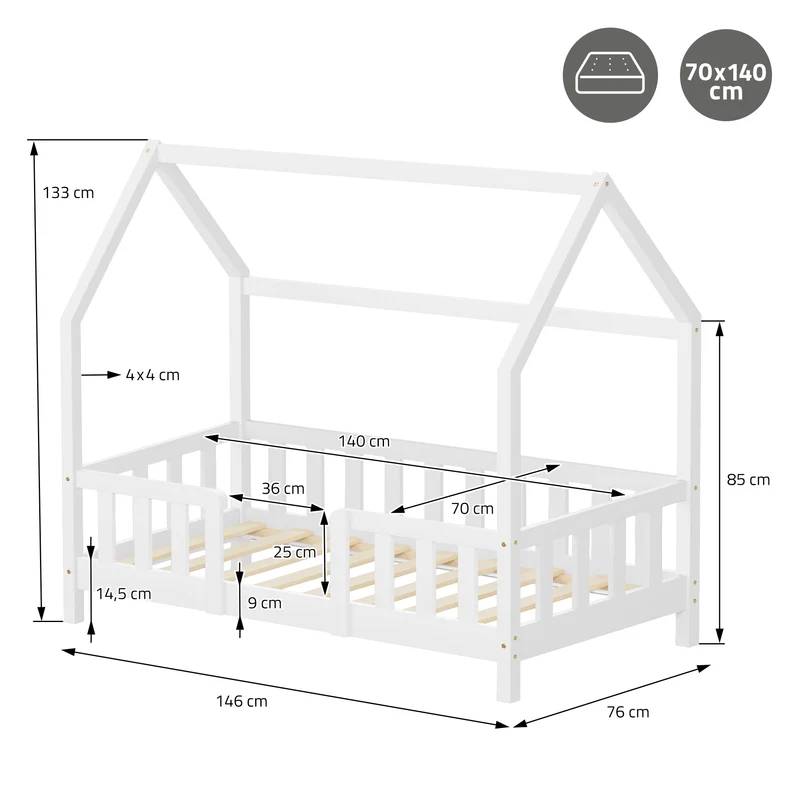 Kinderbett Hausbett 70x140 cm aus Kiefernholz Weiß mit Rausfallschutz Dach und Lattenrost Holzbett ML-Design