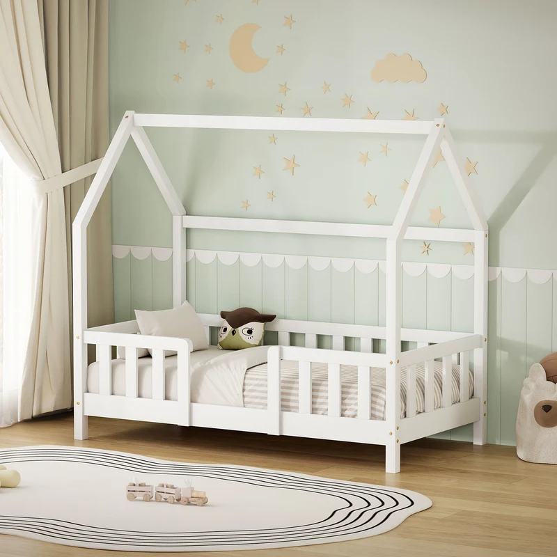 Kinderbett Hausbett 70x140 cm aus Kiefernholz Weiß mit Rausfallschutz Dach und Lattenrost Holzbett ML-Design