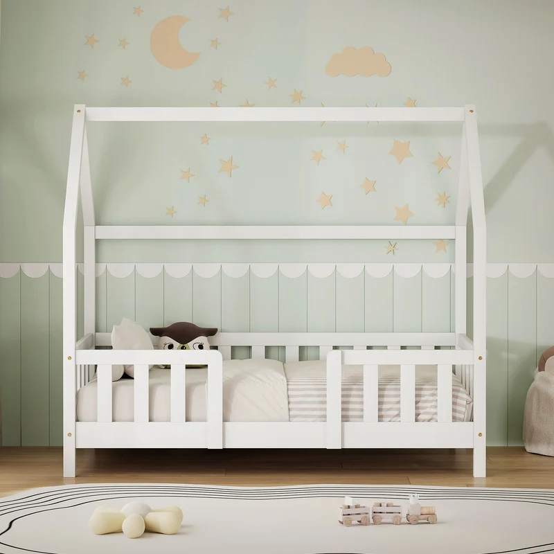 Kinderbett Hausbett 70x140 cm aus Kiefernholz Weiß mit Rausfallschutz Dach und Lattenrost Holzbett ML-Design