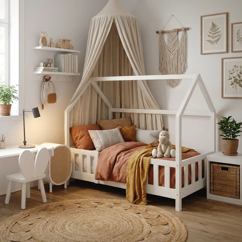 Kinderbett Hausbett 70x140 cm aus Kiefernholz Weiß mit Rausfallschutz Dach und Lattenrost Holzbett ML-Design